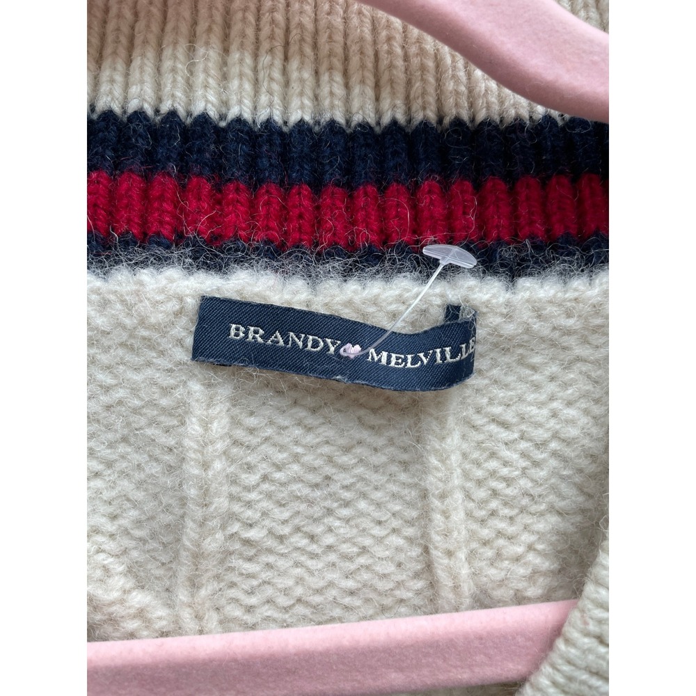 Brandy Melville Cream Cable Knit Varsity V-Neck Sweater Red Navy Stripe - Picture 4 of 5